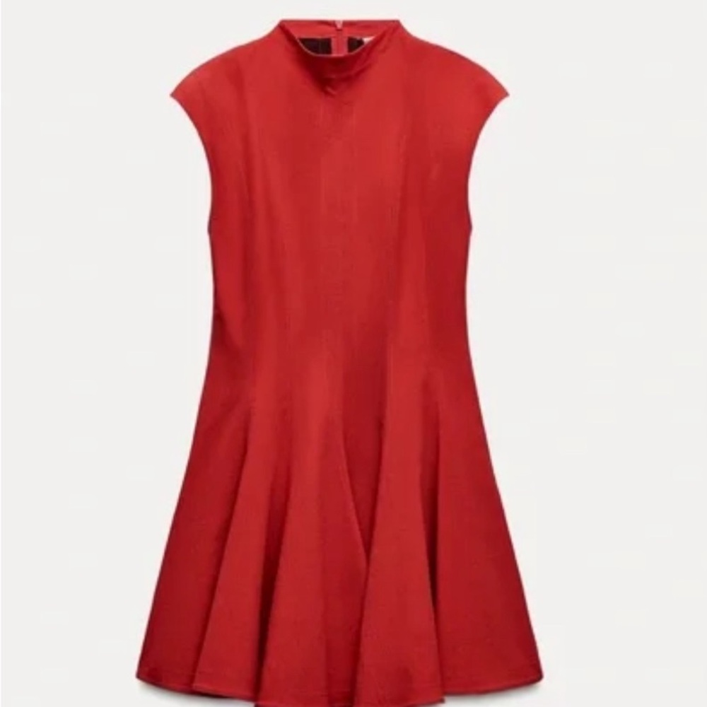 ZARA mini Godet dress ZW collection, red pleated high neck NWT